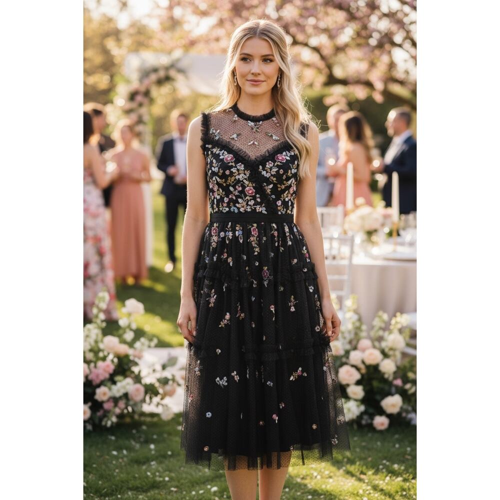 NWT NEEDLE & THREAD DRESS WEDDING MIDI SEQUIN FLORAL RUFFLE FORMAL BALLERINA